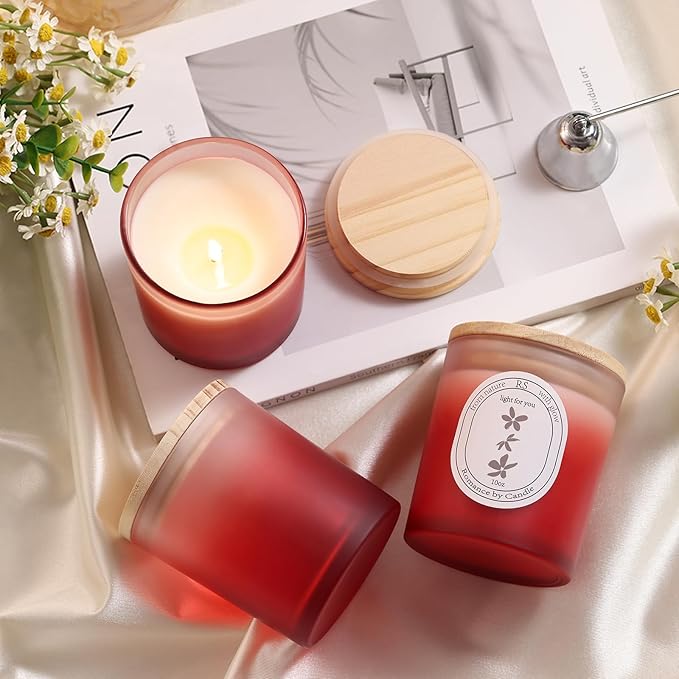 REISEN 12Pcs Gradient Red Candle Jars for Making Candles, 10oz Glass Jars with Bamboo Lids, Candle Wick Kit and Sticky Warning Labels, Candle Containers Vessels for DIY Gifts