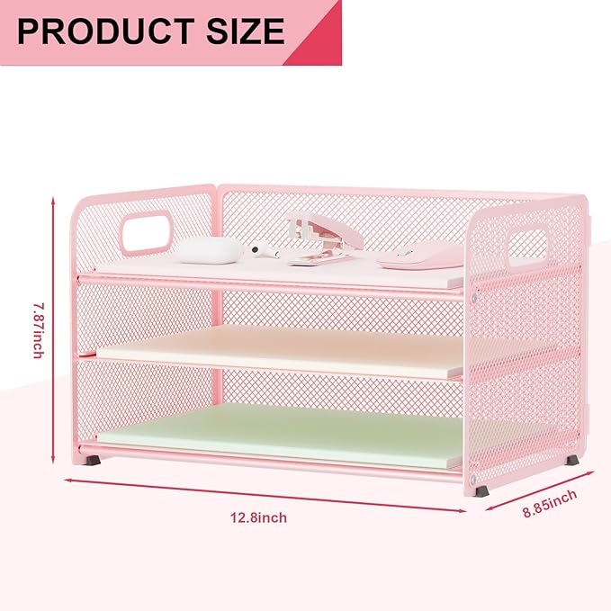 3 Tier Paper Letter Tray Organizer for Desk, Mesh File Folder Document Organizer with Handle for Home Office Supplies Desktop Accessories, Pink
