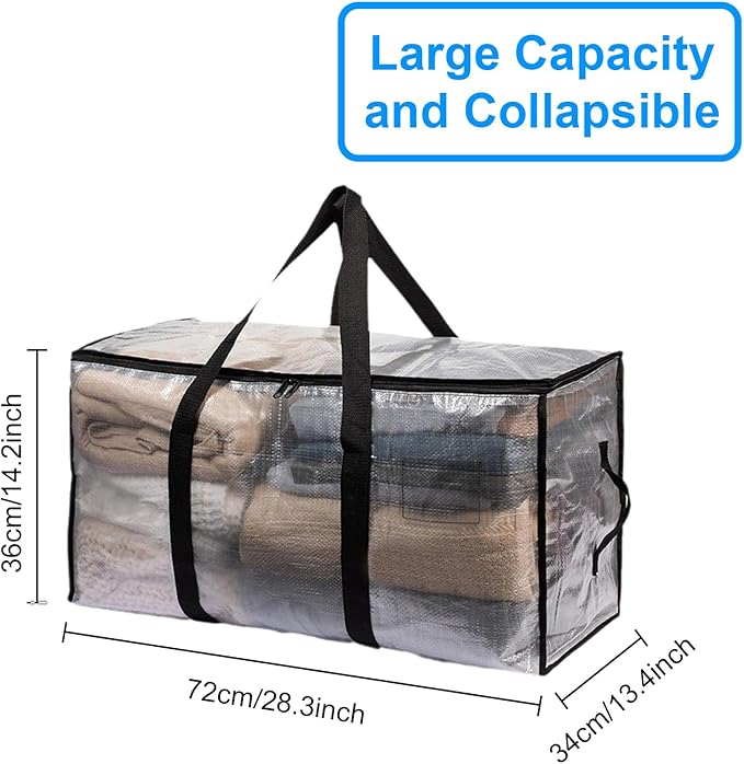 2-Packs Extra Large Heavy Duty Moving Bags, Waterproof Storage Totes with Handles & Zippers Storage Bags Totes for Clothes Packing, Dorms, College Supplies, Space Saving, Clear