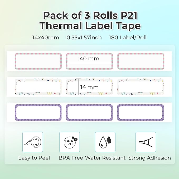 NELKO P21 Genuine Adhesive Pattern with Border 2.0 Label Paper 14x40mm (0.55"x1.57") 180 Labels/Roll, 3 Roll, for Home Office School Organization, Gift for Decoration, Compatible with P21 Label Maker