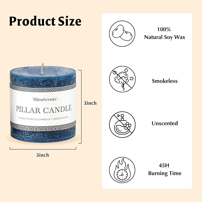 3x3 Inch Dark Blue Pillar Candles Set of 3 - Hand-Poured Unscented Candles, Long Clean Burning, Navy Blue Candle, Smokeless Dripless Candle for Dinner Table, Wedding, Home, Rustic Decor