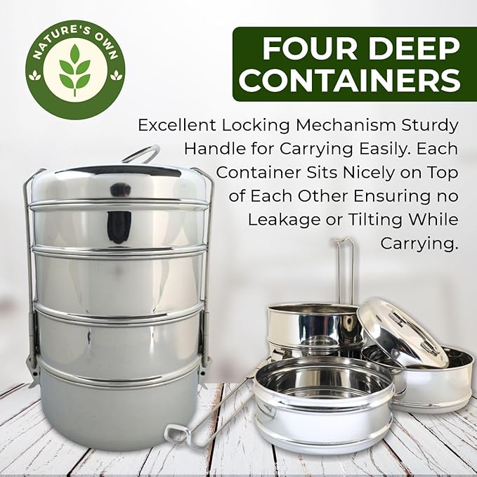 Nature's Own Indian Stainless Steel Tiffin Lunch Box, 4-Tier Snack Box/Food Container Airtight Leak Proof, 4 Compartment, Suitable for Office Use, Outdoor Lunches/Dining, Size 8x4 Inch