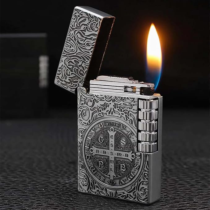 Vintage Butane Lighter, Amulet Saint Benedict Medal Motif, Refillable Lighter Soft Flame, Flip-Top Silver Side Wheel Frosted Pocket Lighter, Gifts for Men, Father, Husband (No Fuel)