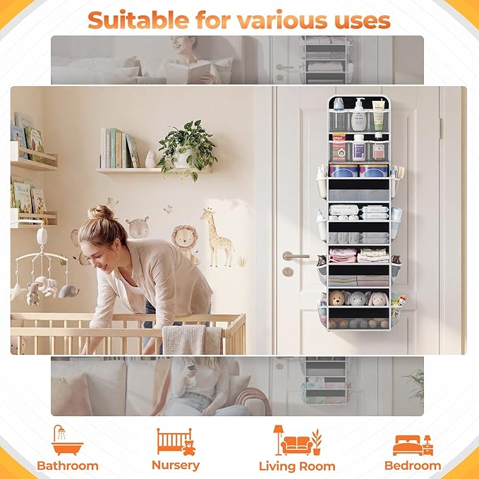 SpaceHacks 6-Tier Over the Door Organizer with Mesh Pockets, Baby Nursery Storage for Closet, Bathroom and Bedroom, Adjustable Hanging Closet Organizer for Cosmetics, Books and Essentials（Black）