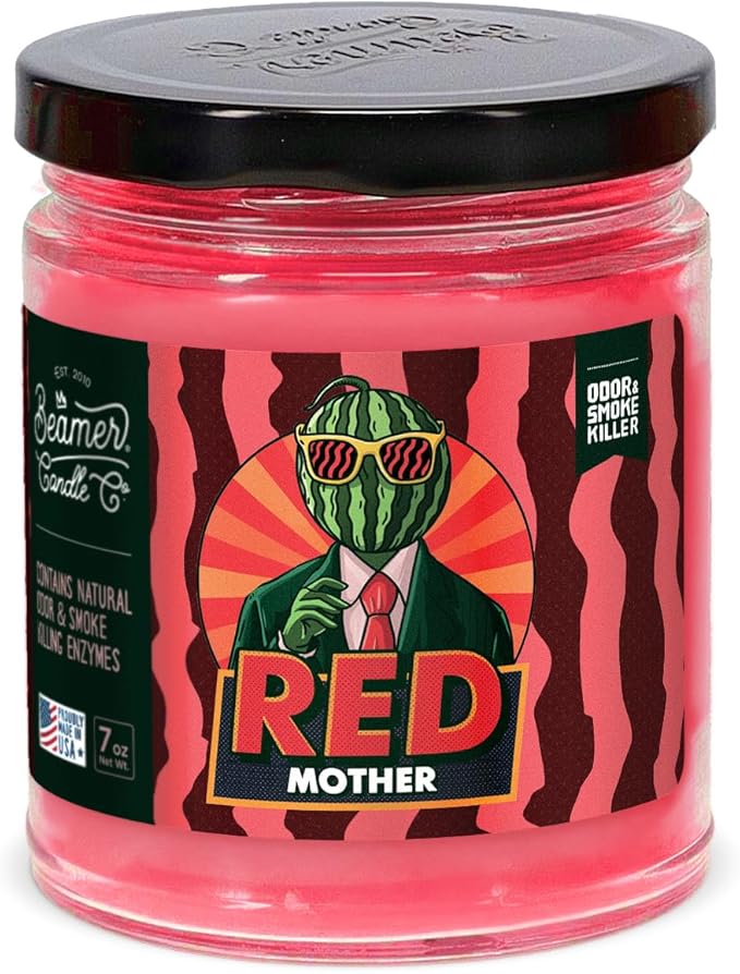 Beamer Candle Co. - Red Mother Candle – Notes of Sweet & Juicy Watermelon, Strawberry & Melon Flower - Odor Eliminating - High Fragrance - Medium 7oz Glass Jar - 55 Hour Burn Time
