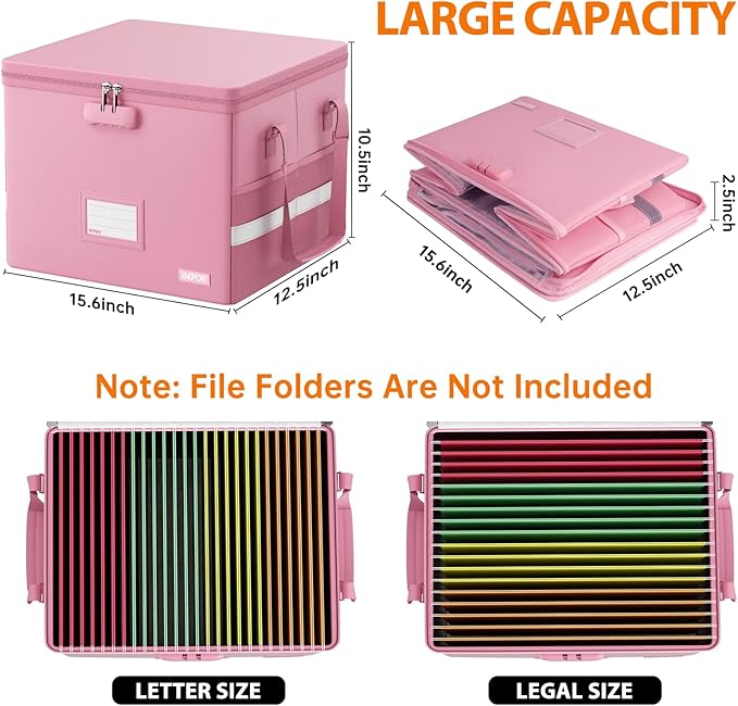 ENGPOW 5200°F File Box Fireproof Document Box with Lock,Heat Insulated Collapsible File Storage Organizer Box with Handle,Portable Home Office File Cabinet for Hanging Letter/Legal Size Folder, Pink