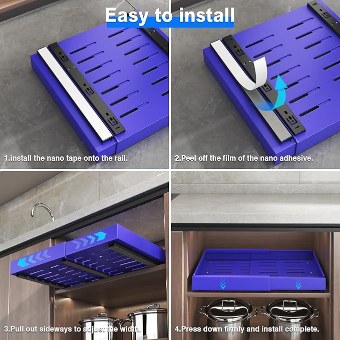 2 Pack Pull Out Cabinet Organizer, Expandable Slide Out Drawers for Kitchen Cabinets Peel and Stick Pullout Drawer Heavy Duty Sliding Shelves for Cupboard, Pantry, Bathroom(16.5" Deep, Blue)