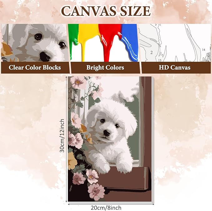 NAIMOER Dog Flowers Paint by Numbers Kits for Adults Beginner with Wooden Framed, Color by Numbers on Canvas Painting Kits for Adults, Easy Paint DIY Acrylic for Home Wall Decor 8X12 Inch