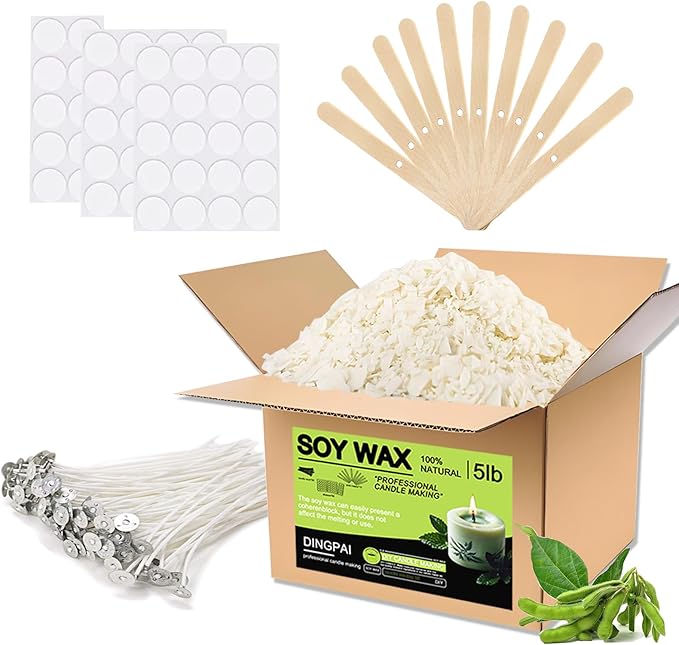 DINGPAI Soy Wax for Candle Making, 5LB Organic Soy Candle Wax Flakes Natural Candle Making Supplies,50 Cotton Wicks,50 Wick Stickers,10 Wick Holders