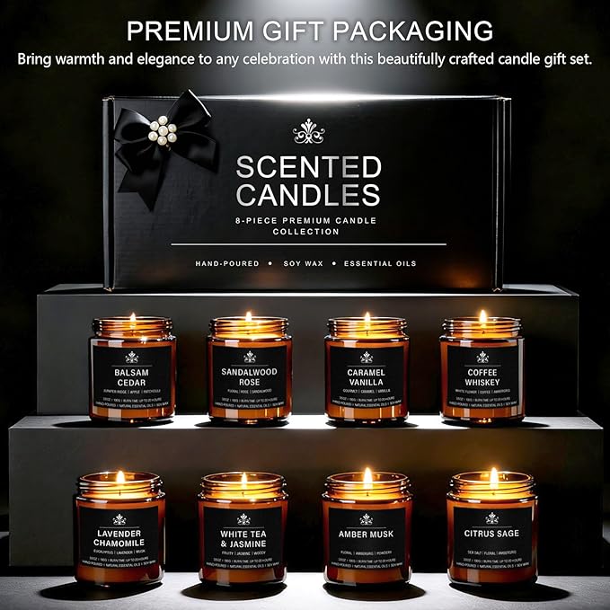8 Pack Soy Wax Scented Candle Set - Lavender Chamomile, Citrus Sage, Amber Musk, Balsam Cedar, Coffee Whiskey - Long Lasting Aromatherapy Candles, Unisex Home & Gift Set