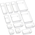 Clear Acrylic Drawer Organizer Trays, 5 Size Junk Box Organization Small Storage Container Bin for Desk Makeup Bathroom Vanity Kitchen Tool Make Up Workspace Home Dorm Apartment Office Room Nightstand