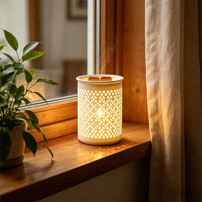 Dicimi Ceramic Wax Melt Warmer with Timer, Candle Warmer Lamp with Hollow Coin Design, Electric Wax Warmer for Home Office, Auto Shut-Off 2/4/8H, Cozy Night Light, Great Gift for Women