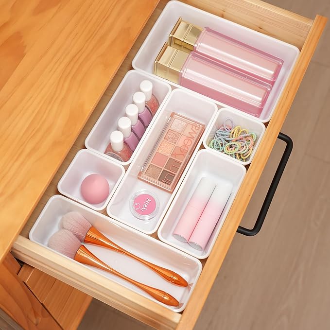 Kitchen Desk Drawer Organizers Storage for Office, Small Acrylic Vanity Trays Makeup for Drawer Bathroom Plastic Make up Organizers 25 Pcs White