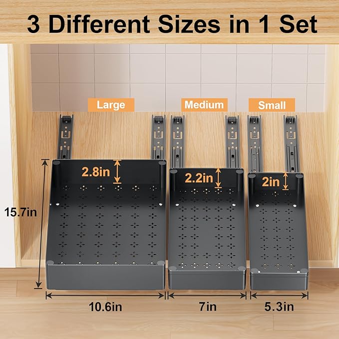 Delamu 3 Pack Pull Out Cabinet Organizer, 15.7" Deep Pull Out Drawers for Cabinets, Slide Out Drawers for Kitchen Cabinets, Bathroom Cabinet Organizer, Pantry (Black)