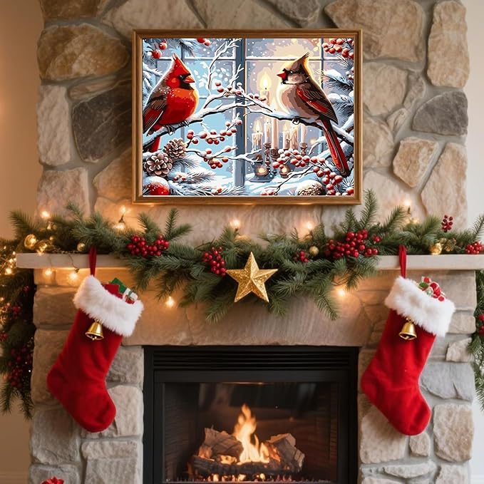Christmas Paint by Numbers Kit for Adults Beginner , DIY Red Bird Paint By Numbers Kits, Easy Color Acrylic Paint On Canvas Candle Painting Kits Art,Home Wall Decor 12x 16 Inch (Without Frame)