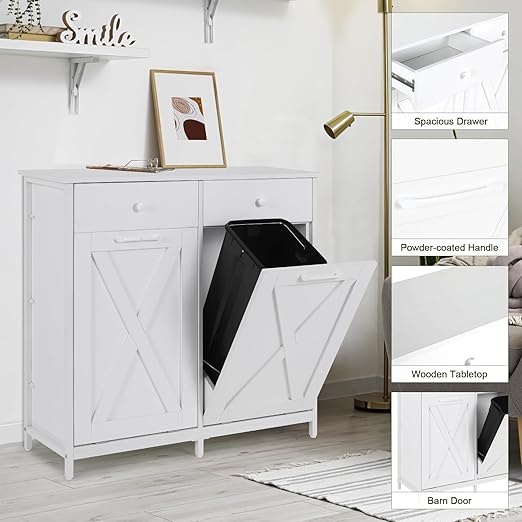 Clevich Double Tilt Out Trash Bin Holder, Wooden Recycling Cabinet w/Drawers & Tabletop, Dog-Proof, NOT Included(White)