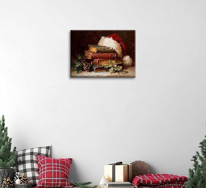 Paint by Number Kit for Adults & Kids, Christmas Vintage Books with Santa Hat 16x20 Inch, DIY Acrylic Painting Kit with Brushes & Paints, Holiday Art Decor for Home Framed