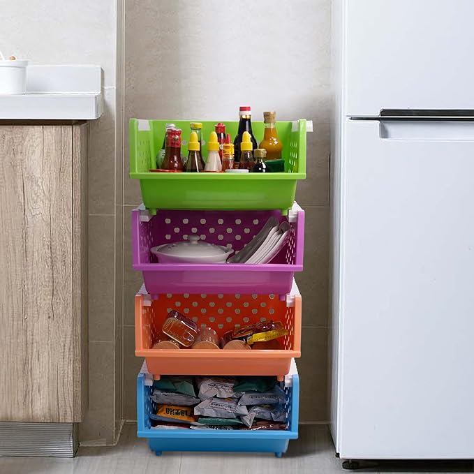 Pekky 4-Pack Large Stackable Storage Bins, Colored Plastic Stacking Basket