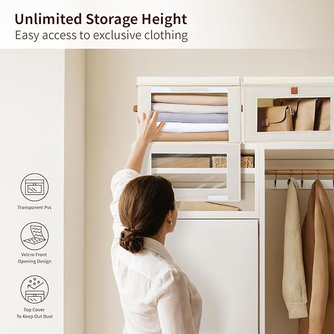 Large Closet Storage Bins - Collapsible Storage Bins with Handles & Window, Decorative Boxes with Lids, Fabric Cubes for Living Room, Dorm, 1 Pack, Beige