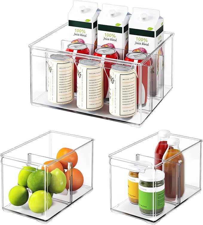 Clear Plastic Storage Bins with Dividers for Fridge Pantry Organizers and Storage Containers, 3 Pack Large Acrylic Stackable Sturdy Storage Boxes for Home Edit and Cabinet Organizers C6-2