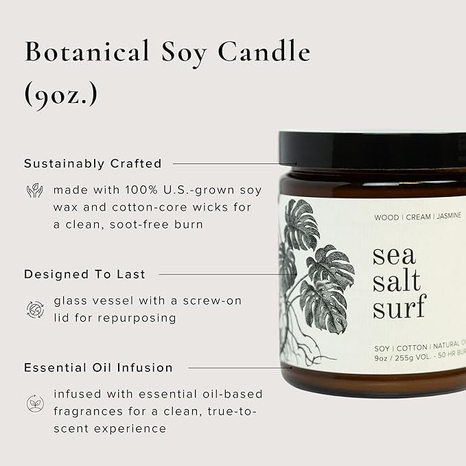 Broken Top Sea Salt Surf Pure Soy Candle | 9 oz. | Wood, Creme & Jasmine. 50-Hour Burn Time. Natural Cotton Wick, Vegan, No Parabens, No Phthalates