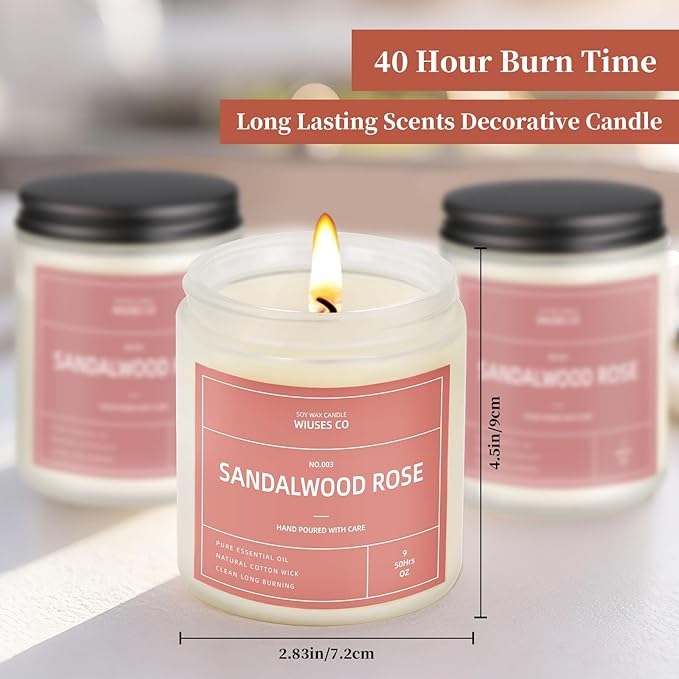 Sandalwood Rose Candle for Home Scented| Natural Soy Non Toxic Candles| Long Clean Burning Aromatheraphy Jar Candel| Women,Men Gift for Autumn,Winter, Halloween,Thanksgiving,Relaxing| 9oz