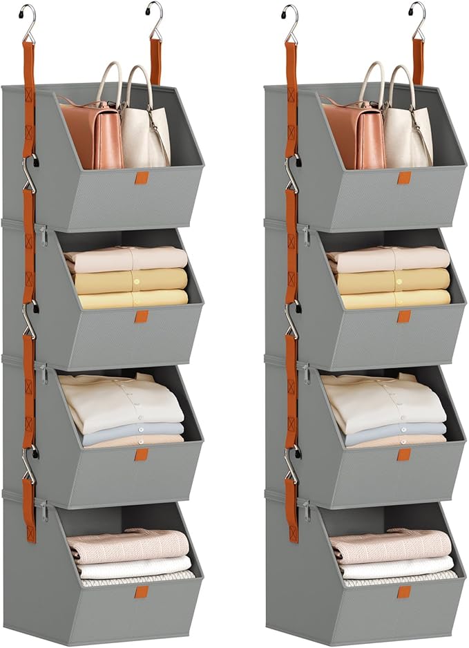 Hanging Closet Organizer 4 Tier - Clothes Hanging Shelves, Space-Saving Closet System, Fabric Storage Bins Bedroom Organization, Collapsible Baskets for Home, Dorm, Rv, Grey, 8 Pack