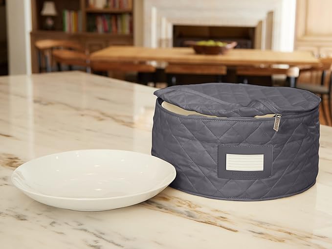 Covermates Keepsakes Dish Storage Case – Padded China & Dinnerware Organizer, Quilted Polyester Protection, ID Window, Zipper Closure, Machine Washable, Slate