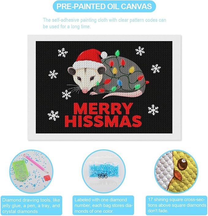 AIVKIEJK Diamond Painting Kits for Adults - Christmas Possum Merry Hissmas Painting DIY 5D Full Drill Diamond Dots Paintings with Diamonds Gem Art and Crafts Home Decor 8"x12"