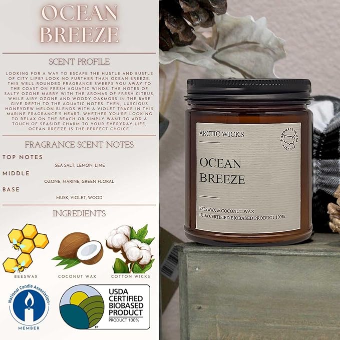 Arctic Wicks Scented Coconut Beeswax Candles | Coconut Beeswax Non Toxic Candle 9oz Amber | Farmhouse Candles Non-Toxic Clean Burn 100% USDA Certified Biobased (Ocean Breeze)