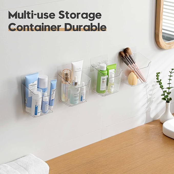 Clear Cabinet Door Organizer Bathroom, 4 Pack Hanging Makeup Storage Brush Holder, Adhesive Storage Bin Versatile Vertical Wall Mount Caddy for Pantry Office Kids' Room Small Items Organization