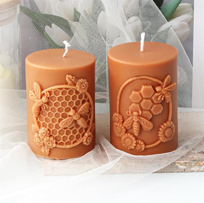 Bee Honeycomb Flower Cylinder Candle Mold, Honeybee Beehive Pillar Silicone Mold for Beeswax Candle, Soy Wax Candle, Plaster Ornament, DIY Crafts (D)