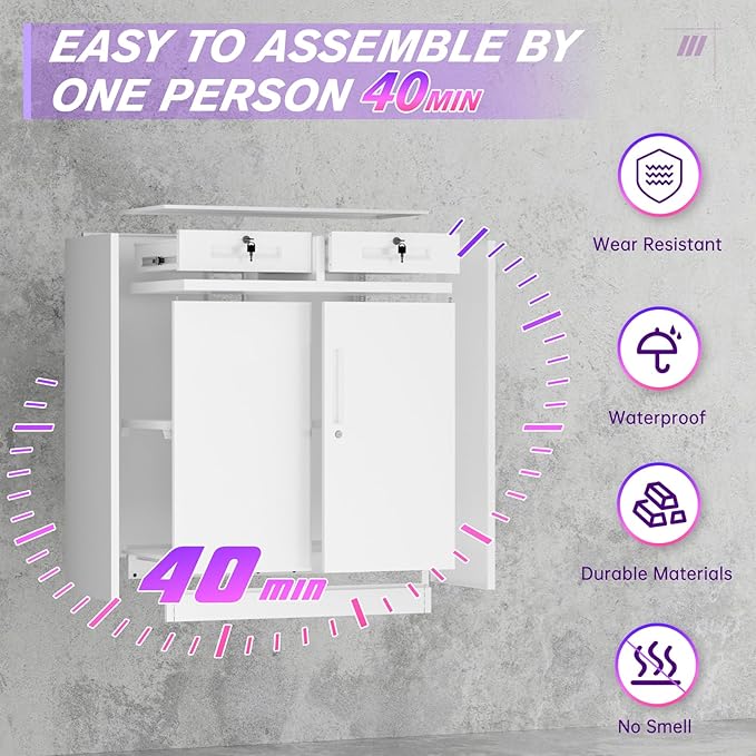 Superday Lockable Storage Cabinet with 2 Drawers, 36" Metal Storage Cabinets with Locking Doors and Adjustable Shelves, White Metal Locking Cabinet for Home Office Garage School