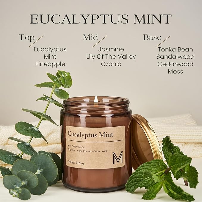 M&SENSE EucalyptusMint Scented Christmas Candle Gift, Aromatherapy Candle Set for Women, Soy Wax Candles Home Scented, Long Lasting Amber Jar Candles Gift for Christmas, Thanksgiving, Holiday