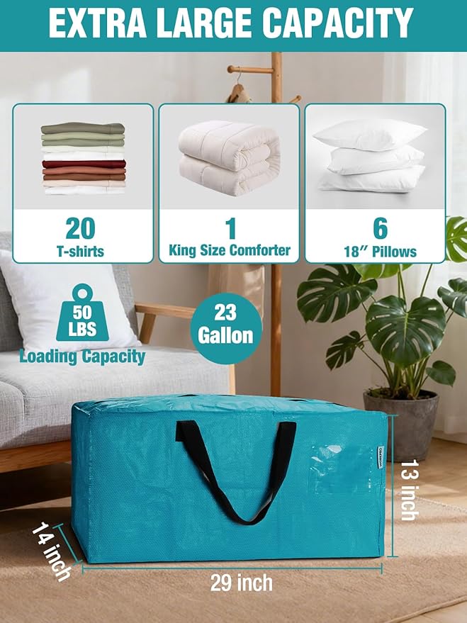 WORKPRO 4 Pack Extra Large Moving Bags with Zippers & Carrying Handles Backpack Straps, Heavy-Duty Storage Tote for Space Saving Moving Storage (Blue)