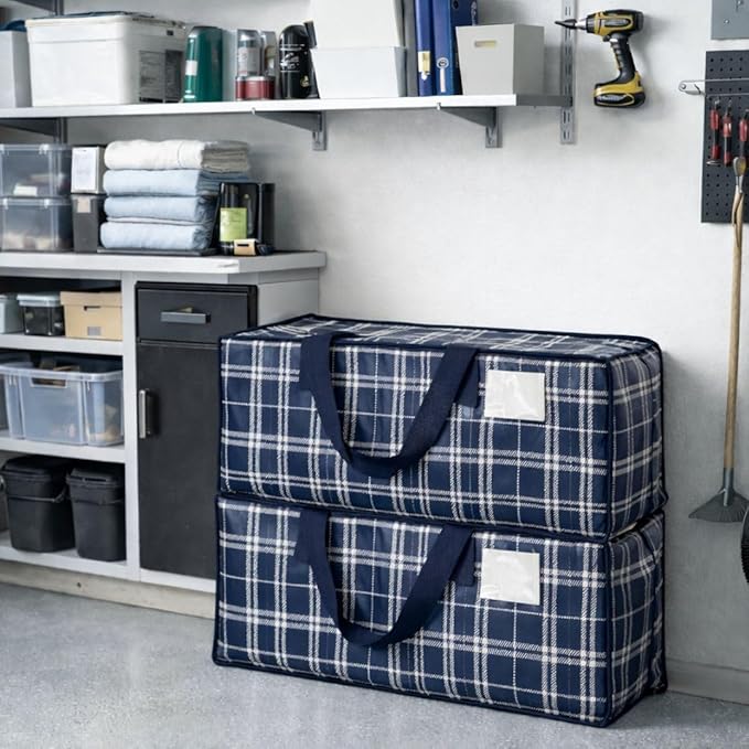 DURASACK Heavy Duty Moving Bag Storage Container Duffle Bag with Zipper, Reinforced Carry Straps and Backpack Straps, Made of Rugged Woven Polypropylene, Pack of 4, Navy Plaid