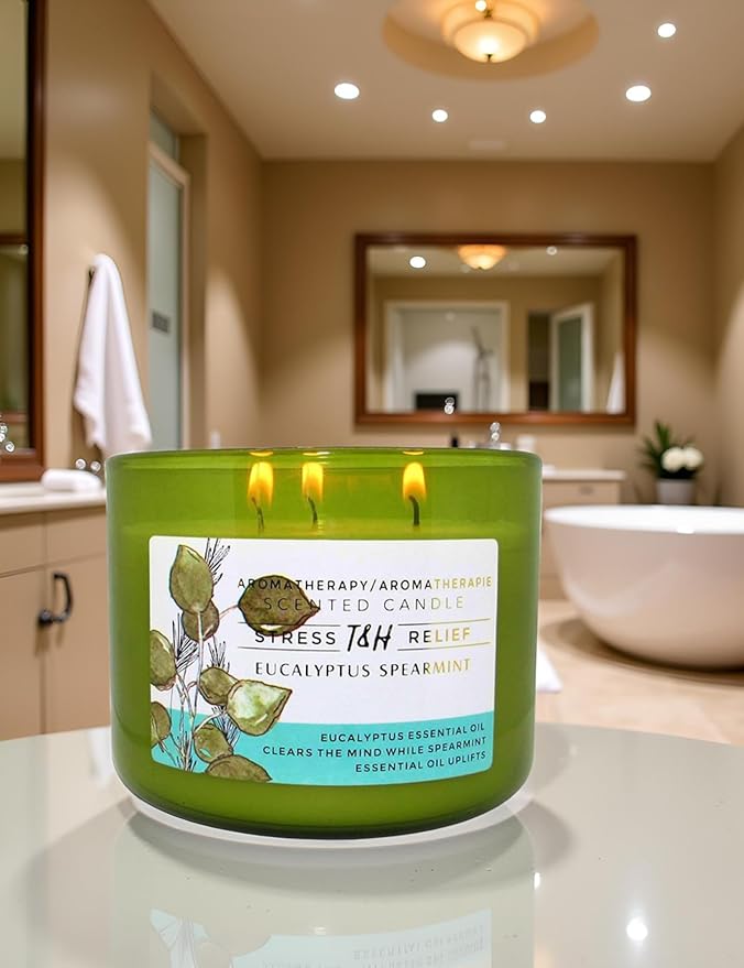 Eucalyptus Spearmint 3-Wick Soy Candle | 80 Hour Burn | 15.8 oz Aromatherapy Scented Candle for Home | Fresh Herbal Spa Scent | Gift Ready
