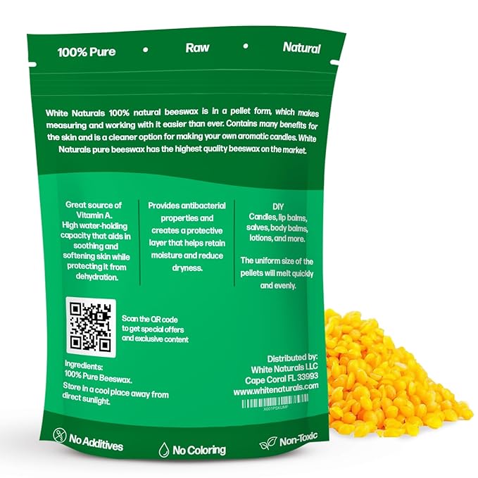 White Naturals Yellow Beeswax Pellets 1lb (16oz), Pure, Natural, Cosmetic Grade, Organic, Bees Wax Pastilles, Triple Filtered, Great For Candle Making, Soap, Food Wrap, DIY Lip Balms, Lotions