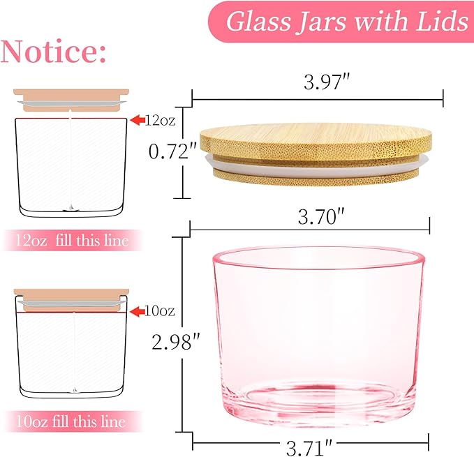 CONNOO 8 Pack 12 OZ Pink Glass Wide Mouth Candle Jars for Making Candles with Airtight Bamboo Lids Nice Sticky Warning Labels for Candle Making Empty Container Bulk - Dishwasher Safe