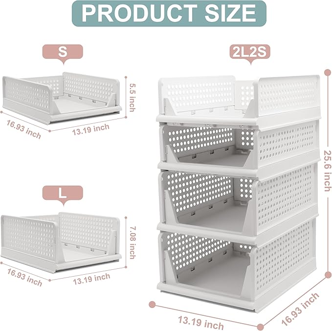 Goderewild Stackable Foldable Storage Baskets, Folding Storage Bins, Closet Organizers and Plastic Drawer Shelf Storage Container for Wardrobe, Cupboard, Kitchen, Bathroom, Office (White, 2L2S)