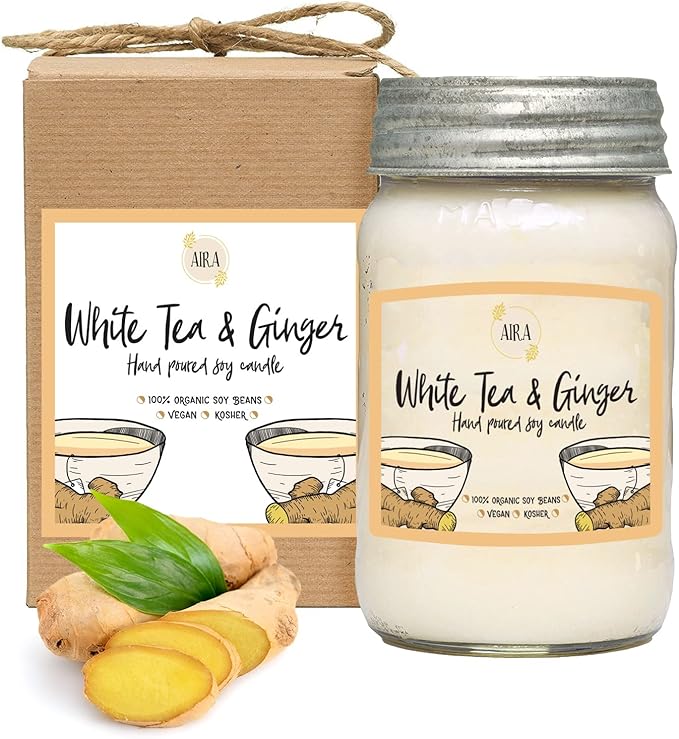 Aira Soy Candles - Organic, Kosher, Vegan, in Mason Jar w/Therapeutic Grade Essential Oil Blends - Hand-Poured 100% Soy Candle Wax - Paraffin Free, Burns 110+ Hours - White Tea & Ginger -16 Ounces