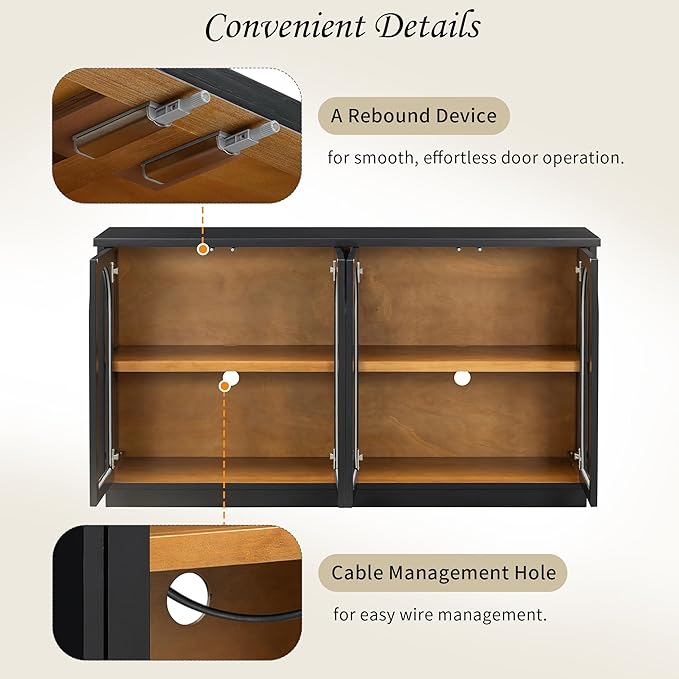 Amposei 57.7-Inch Vintage Sideboard Cabinet 4 Glass Door Storage Cabinet Buffet Console Table with Adjustable Shelves for Kitchen Entryway Dining Living Room, Black
