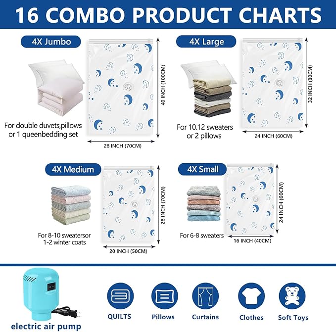 Vacuum Seal Bags for Clothing with Electric Pump,16 Pack Space Saver Bags (4 Jumbo, 4 Large, 4 Medium, 4 Small) Vacuum Storage Bags for Travel,Bedding,Blankets