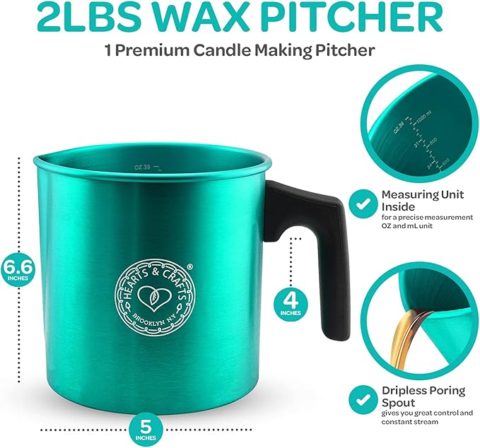 Hearts and Crafts 32oz Candle Pouring Pot - Wax Pourer for Candle Making - Aluminum Soap Melting Pot with Heat-Resistant Handle and No-Drip Spout - Holds 2 lbs Melted Wax for DIY Crafts - Teal
