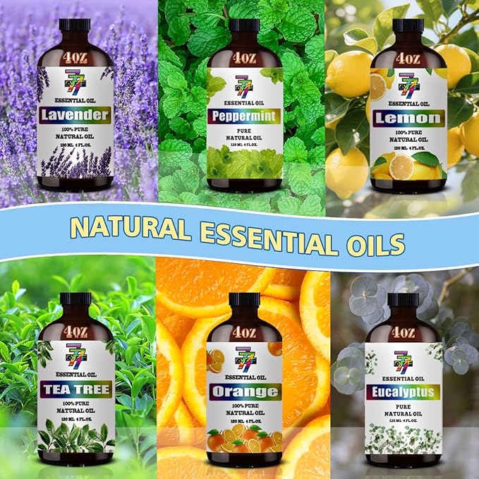 Essential Oil Set - Six Bottles (4 oz/120 ml) of Lavender, Peppermint, Lemon, Sweet Orange, Tea Tree, Eucalyptus Premium Essential Oils for Diffusers, Cleaning Products, Yoga, DIY Soap Candles