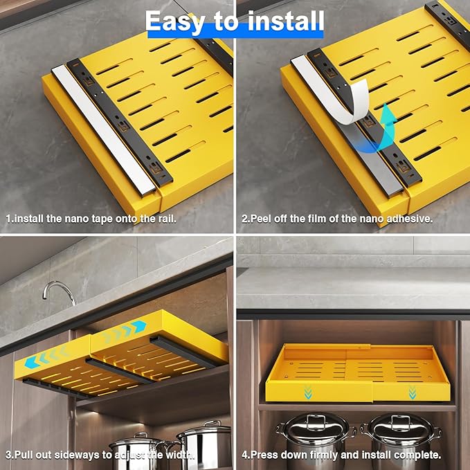 2 Pack Pull Out Cabinet Organizer, Expandable Slide Out Drawers for Kitchen Cabinets Peel and Stick Pullout Drawer Heavy Duty Sliding Shelves for Cupboard, Pantry, Bathroom(16.5" Deep, Yellow)