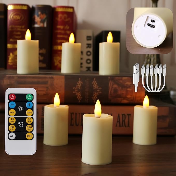 WRalwaysLX 6 Pack Rechargeable Type-C Fast Charging Flameless Tea Light with Remote Control, LED Flickering Candles Votive Candles, Battery Candles Indoor Home Decor, max 280 Hours