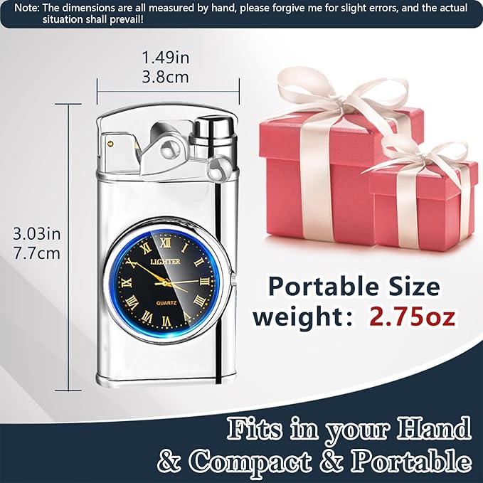 Electric Lighter USB Rechargeable Lighters, Windproof Dual Arc Plasma Lighter, Flameless Electronic Cool Lighters with LED Battery Indication for Men (Silver Clock)