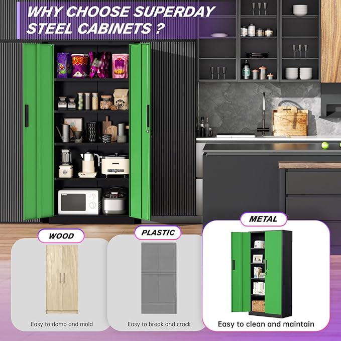 Superday Metal Storage Cabinets, 72" Storage Cabinet with Locking Door, Tall Garage Cabinet with 2 Doors and 4 Adjustable Shelves for Home Office, Classroom, Easy Assemble(Black Green)