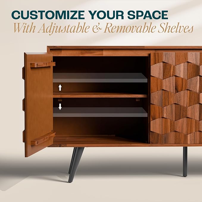 Bme Georgina Solid Wood Sideboard with Geometric Pattern, 2 Doors and 3 Drawers, 61 Inch Mid Century Modern Sideboard Cabinet for Kitchen, Dining Room, Living Room, Dark Choco